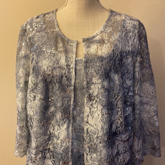 Alex Evenings women’s 3 pcs midi length lace / sequins gray skirt set size 1X - Picture 3 of 16